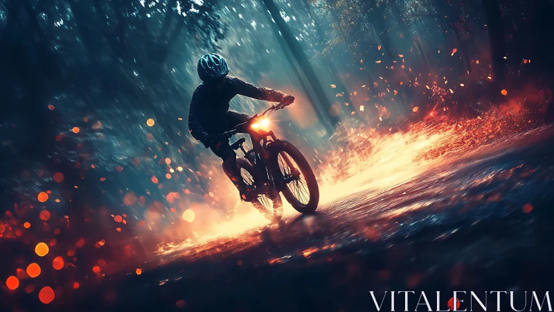 Cyclist Navigating Luminescent Trail Through Pyrolytic Particle Field.
