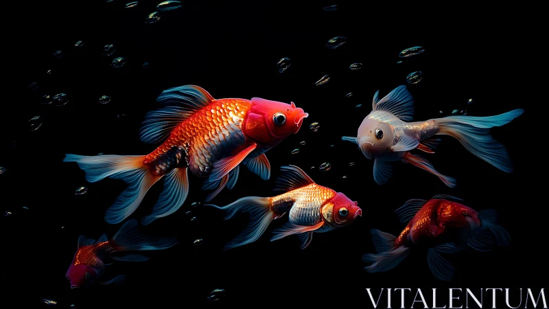 Glowing goldfish drift through a midnight pocket of calm.