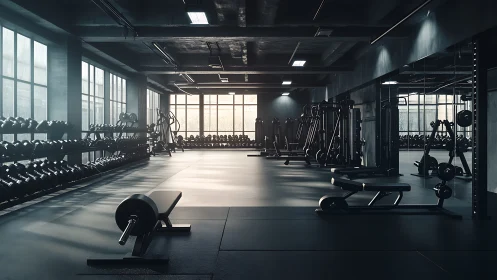 Modern empty weight training gym with machines and racks.