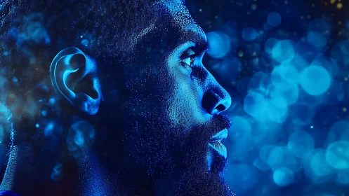 Side profile portrait in blue digital lighting effect.