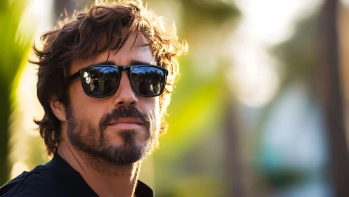 Man with dark sunglasses outdoors in soft evening light.