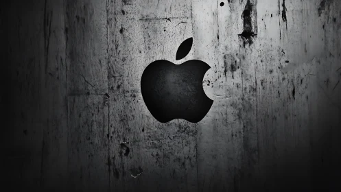 Dark metallic apple logo emerges from distressed steel wall.