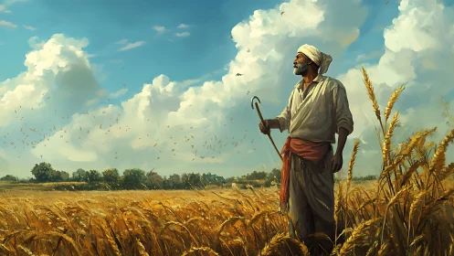 Sunlit farmer pauses within a sea of golden wheat dreams.