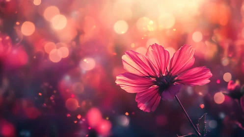 Pink Cosmos Flower with Bokeh Lights and Blurred Background