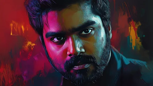 Digital portrait of bearded man with vivid color fields.