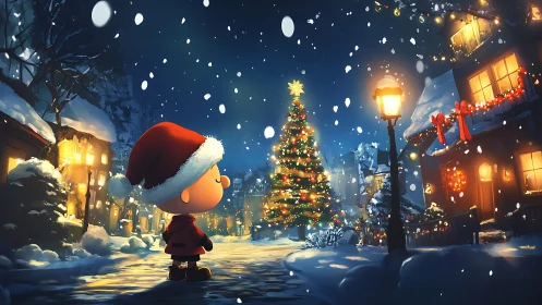 Child in red coat observing snowy Christmas street scene.