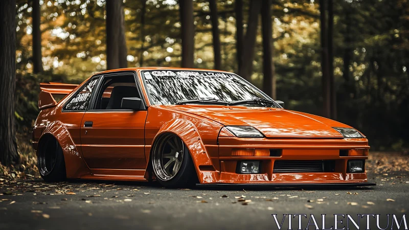Stanced orange 1980s JDM coupe with widebody kit in forest setting