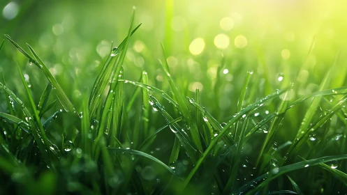 Macro optical study of dew-laden grass blades at sunrise.