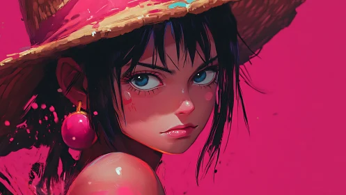 Pink backdrop anime girl in straw hat and bold earrings.