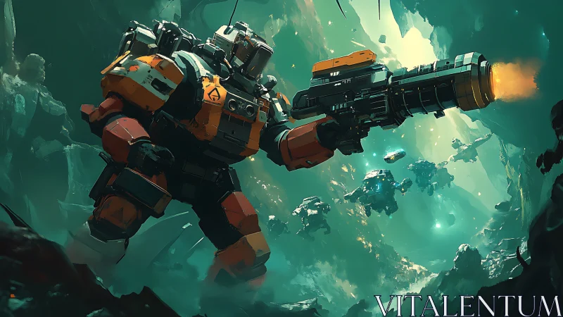 Sturdy space miner strides through glowing cosmic caverns.