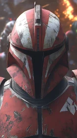 Battle-worn red sci-fi trooper armor in cinematic close-up.