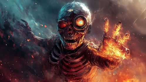 Flaming cyber-lich lunges from smoky oblivion toward you.