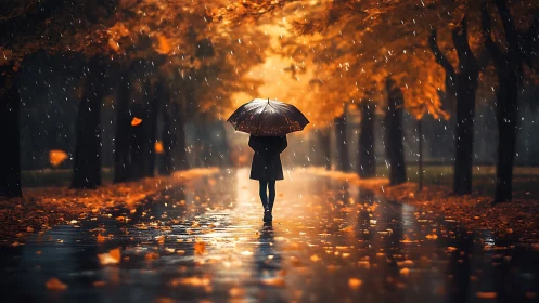 Cinematic autumn rain walkway with silhouetted umbrella figure.