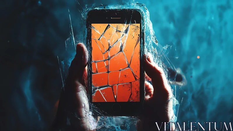 Broken smartphone encased in translucent ice against cyan bokeh.