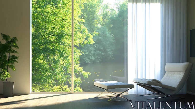 Modern minimalist lounge with lakeview floor to ceiling glazing