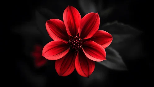 Red Dahlia Flower Against Black Background with Vignette