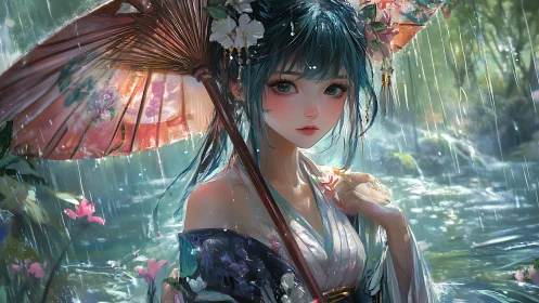 Rain-soaked kimono girl holds floral parasol by river.