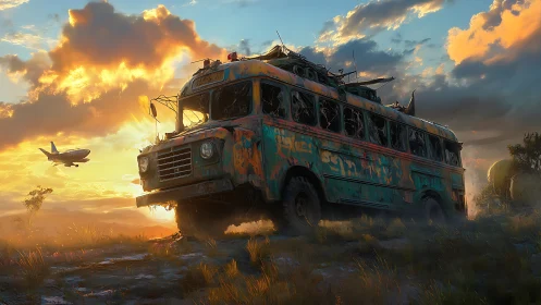 Derelict airport shuttle bus rendered at sunset in digital realism