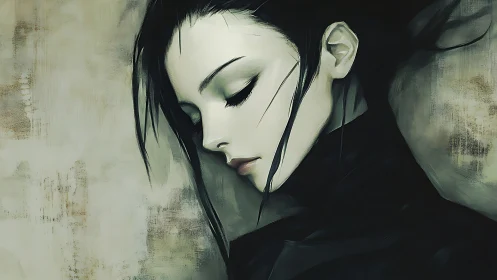 Profile portrait of stylized woman in muted dark tones.
