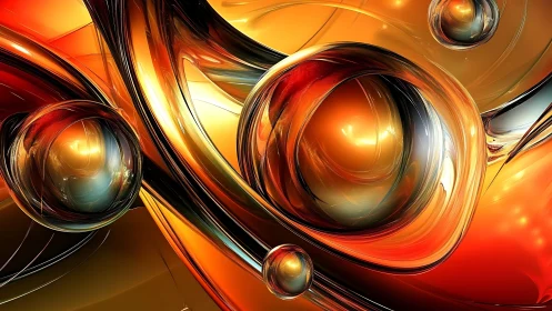 Vivid Abstract Spheres in Fiery Orange and Gold Digital Art.
