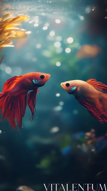 Twin betta fish drifting in softly lit bokeh aquarium.
