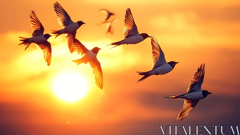 Swallows in graceful flight at sunset, glowing warm sky background.