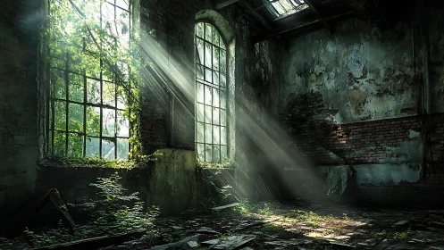 Sunlit overgrown factory interior with decayed brick walls.