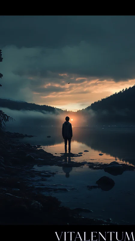 Solitary figure observes atmospheric lake sunset reflection