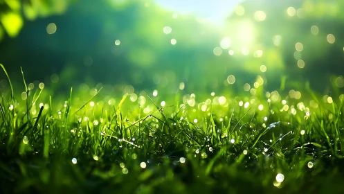 Morning dew sparkles across fresh green grass blades