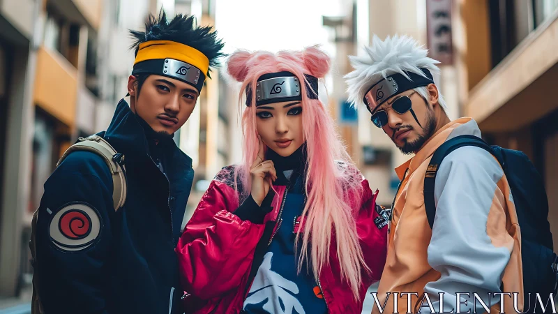 Three urban cosplayers pose together in a narrow city street