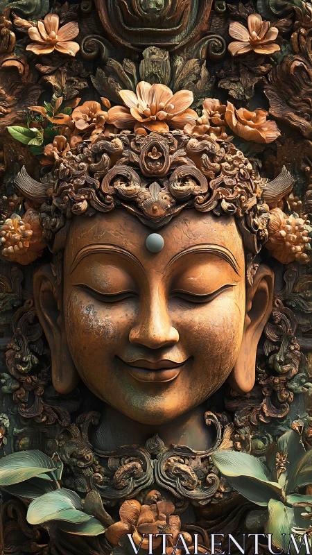 Ornate bronze Buddha relief with florid foliage and garlands
