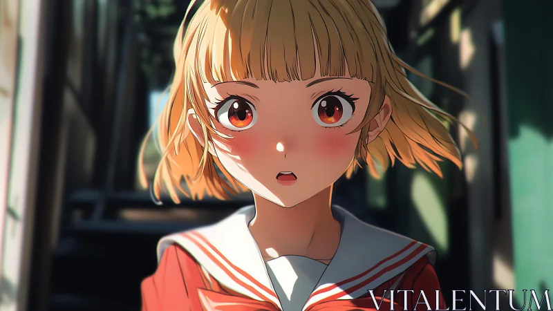 Anime schoolgirl with short blond hair in alleyway light.