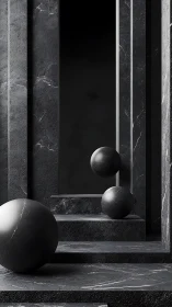 Dark marble spheres punctuate brutalist geometric corridor.