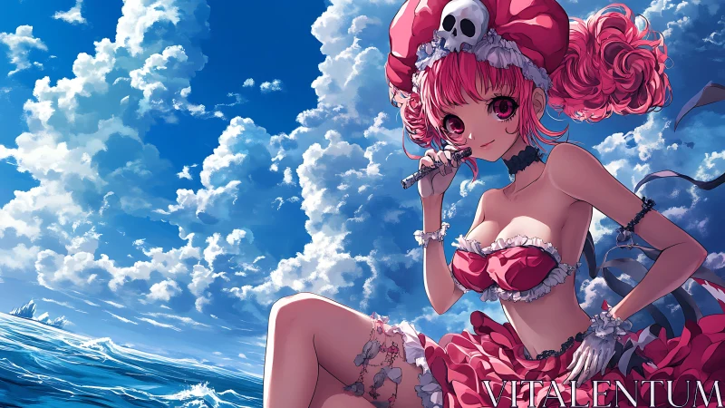 Pink haired anime girl in frilled outfit posed by the sea