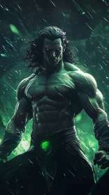 Mythic green-lit warrior with rain-soaked musculature, front view