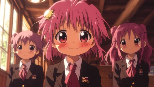 Pink haired schoolgirls in uniform inside wooden classroom.