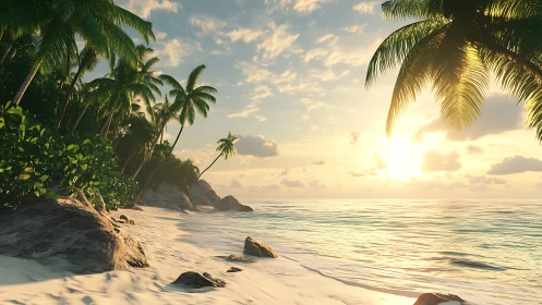 Tropical beach at sunset with palm trees and rocky outcrops.