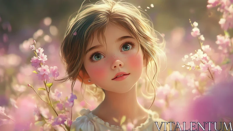 Dreamy child gazes upward amid glowing pink blossoms.