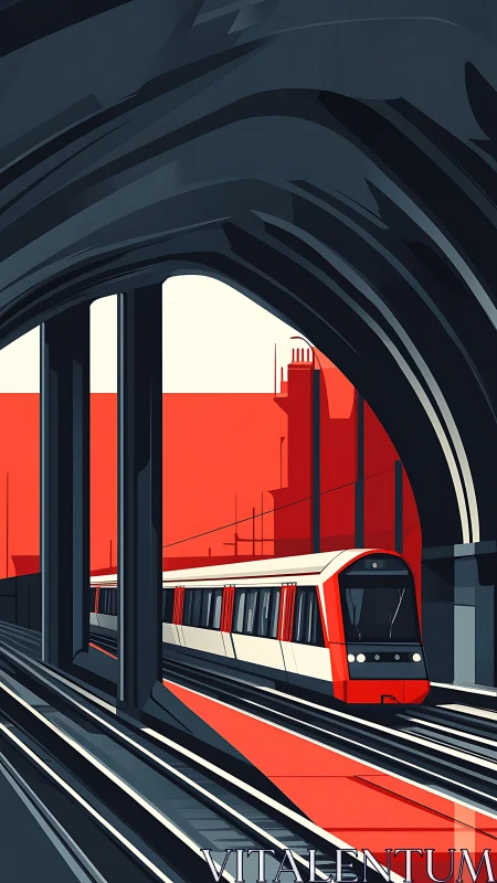 Metro train slices through bold red urban underpass.