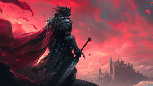 Dark knight silhouette against crimson storm sky panorama.