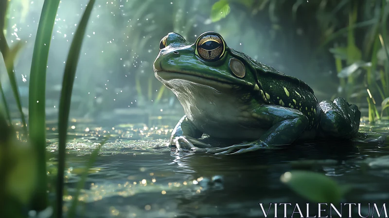 Pond philosopher frog basking in greenlit morning hush.