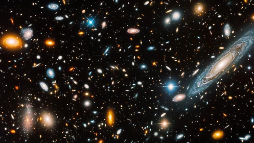Deep space galaxies glow across dense starfield panorama.