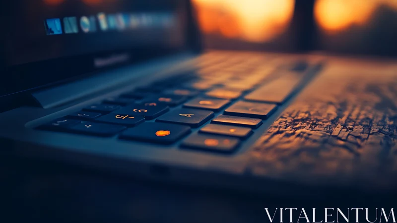 Backlit laptop keyboard in warm sunset bokeh focus.