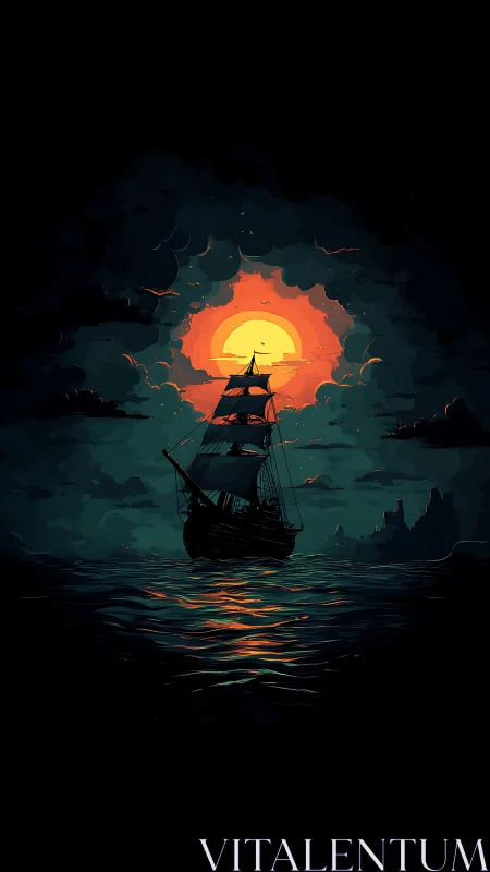 Sailing ship silhouette crosses sunset on stylized ocean