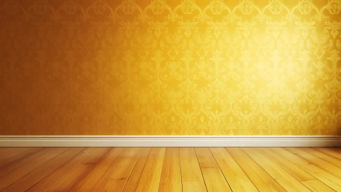 Golden damask wall and sunlit floor await new stories.