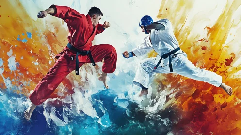 Dynamic martial artists clash amid explosive color bursts.
