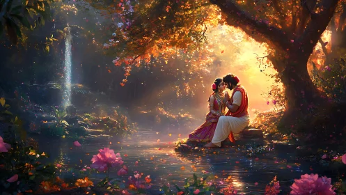 Two souls share a magical moment in an enchanted woodland paradise