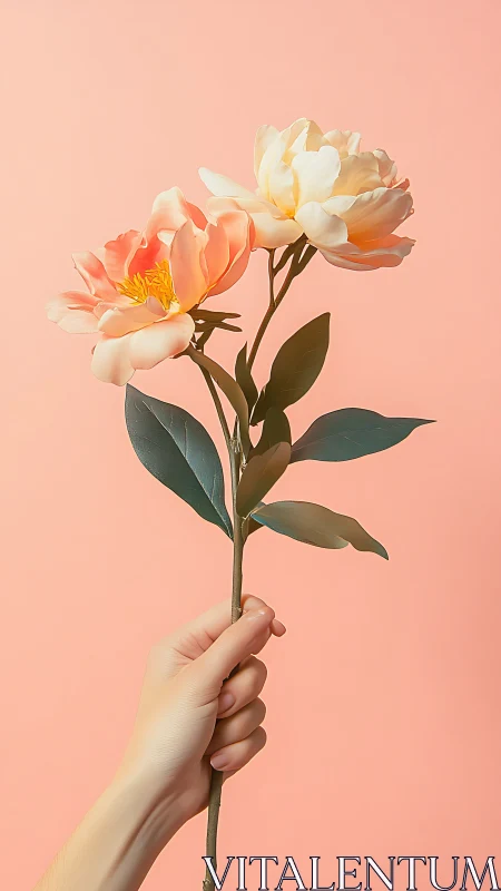 Hand Holding Peach Roses Against Pink Background