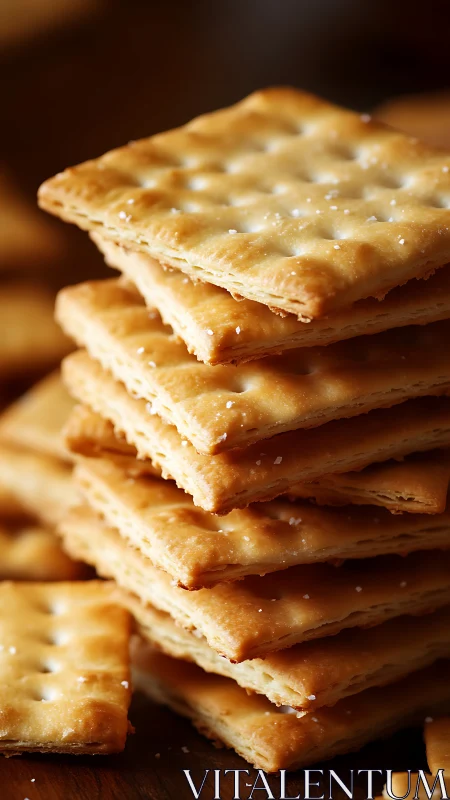 Stacked Saltine Crackers with Sea Salt Crystals.