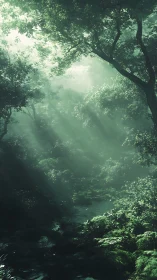 Misty Forest Stream with Dappled Canopy Light